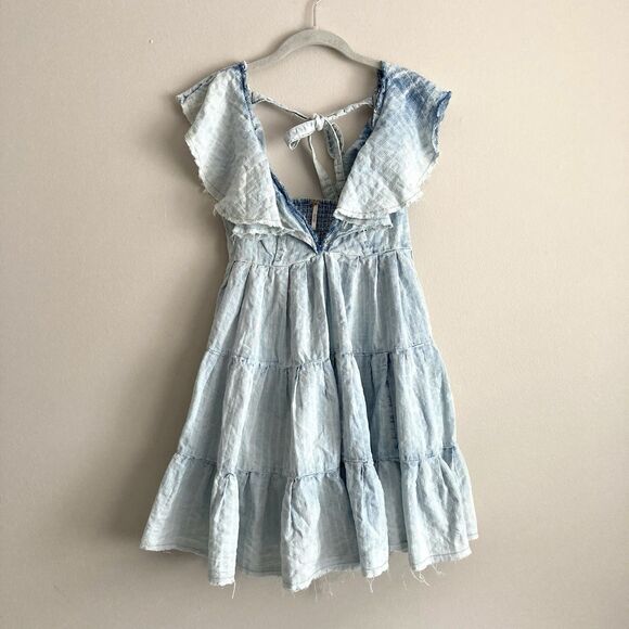 Free People Undone Mini Flutter Sleeve Dress Blue Small Raw Hemline Festival - Picture 2 of 11
